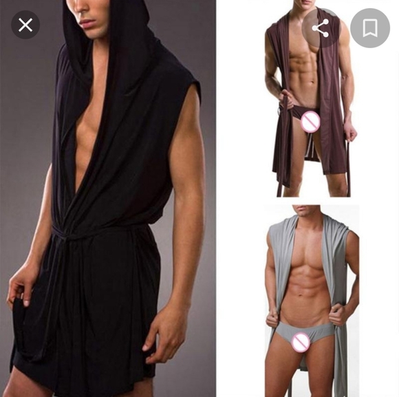 men's sexy black hooded bath robe in a size L - Picture 15 of 16